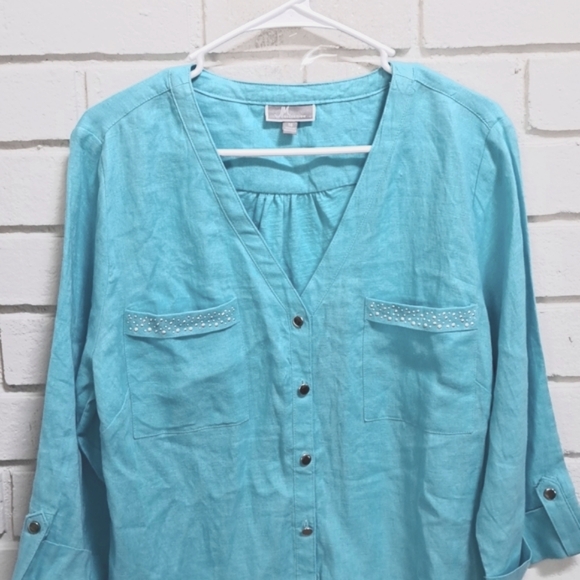JM Collection 100% Linen Blue Silver Embellished Blouse. Size 14 NWT - Picture 2 of 10